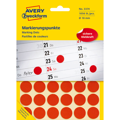Artikelbild für AVERY Zweckform Klebepunkte 3374 rot Ø 18,0 mm, 1.056 St., Artikelnummer 977470