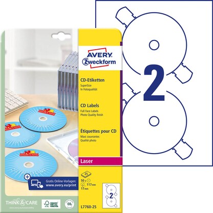 Artikelbild für AVERY Zweckform CD-Etiketten L7760-25 weiß, 50 Etiketten , Artikelnummer 506634
