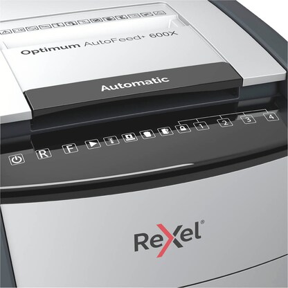 Artikelbild 12 für Rexel Optimum AutoFeed+ 600X Aktenvernichter mit Partikelschnitt P-4, 4 x 28 mm, bis 600 Blatt, schwarz, Artikelnummer 429854