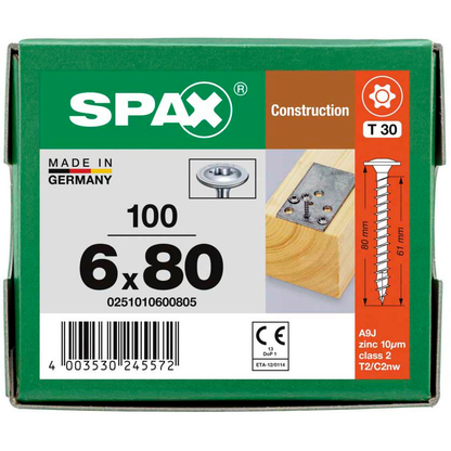 Artikelbild 6 für SPAX® Holzbauschrauben T30 Tellerkopf WIROX 0251010600805 6 mm x 80 mm, 100 St., Artikelnummer 397249