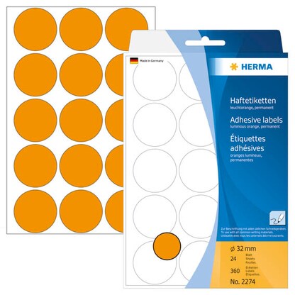 Artikelbild für HERMA Klebepunkte 2274 leuchtorange Ø 32,0 mm, 360 St., Artikelnummer 152835