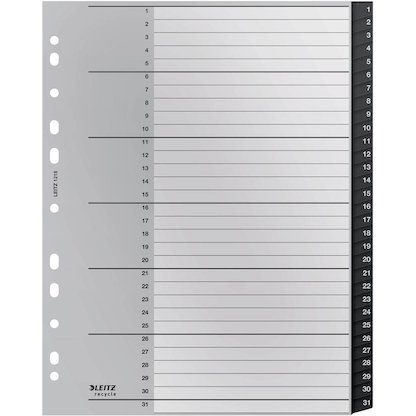 Artikelbild für LEITZ Ordnerregister recycle 1218 DIN A4 Vollformat, Überbreite 1-31 schwarz 31-teilig, 1 Satz, Artikelnummer 304374