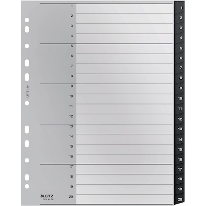 Artikelbild für LEITZ Ordnerregister recycle 1211 DIN A4 Vollformat, Überbreite 1-20 schwarz 20-teilig, 1 Satz, Artikelnummer 304382