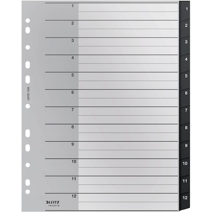Artikelbild für LEITZ Ordnerregister recycle 1209 DIN A4 Vollformat, Überbreite 1-12 schwarz 12-teilig, 1 Satz, Artikelnummer 304404
