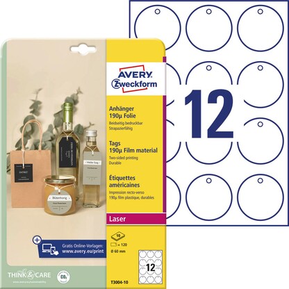 Artikelbild für AVERY Zweckform Hängeetiketten weiß 60,0 x 60,0 mm blanko, kreisförmig, 120 St., Artikelnummer 174098