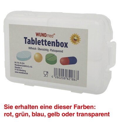 Artikelbild für WUNDmed® Tablettenbox farbsortiert (rot, grün, blau, gelb, transparent), 1 St., Artikelnummer 470466