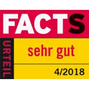 Siegel vom Facts Magazin, Testurteil sehr gut, Jahr 2018, Ausgabe 4.