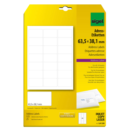 Artikelbild für SIGEL Adressetiketten LA320 weiß 63,5 x 38,1 mm, 25 Blatt, Artikelnummer 512881