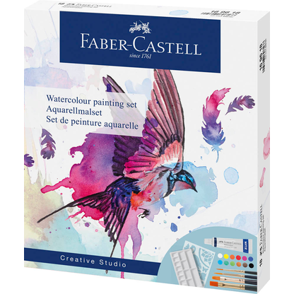Artikelbild für FABER-CASTELL Aquarell Bastelfarben-Set farbsortiert 12 Tuben 5,0 ml Tuben, 4 Synthetik-Pinsel, 1 Schablone und 1 Mischpalette ml, 1 Set, Artikelnummer 443428