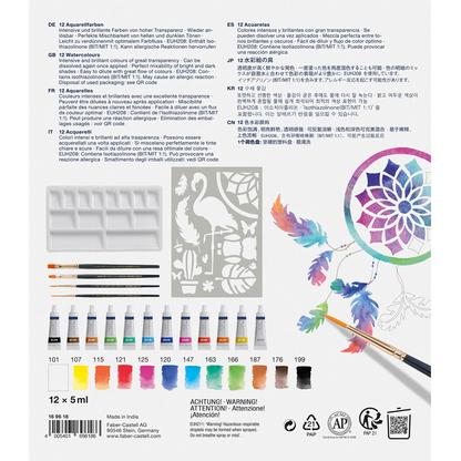Artikelbild 3 für FABER-CASTELL Aquarell Bastelfarben-Set farbsortiert 12 Tuben 5,0 ml Tuben, 4 Synthetik-Pinsel, 1 Schablone und 1 Mischpalette ml, 1 Set, Artikelnummer 443428