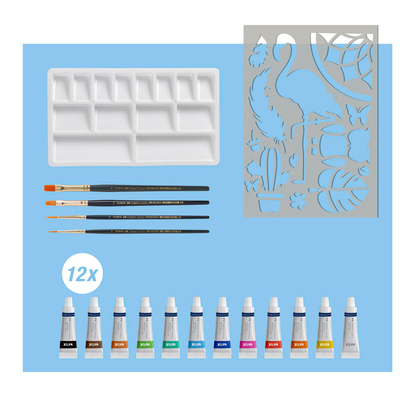 Artikelbild 2 für FABER-CASTELL Aquarell Bastelfarben-Set farbsortiert 12 Tuben 5,0 ml Tuben, 4 Synthetik-Pinsel, 1 Schablone und 1 Mischpalette ml, 1 Set, Artikelnummer 443428