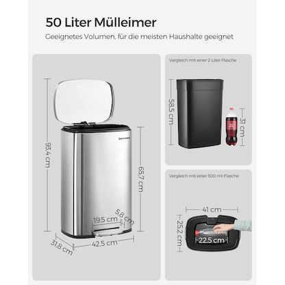 Artikelbild 3 für SONGMICS Mülleimer 50,0 l silber, 1 St., Artikelnummer 289928