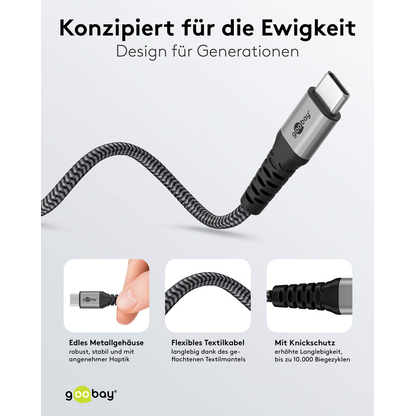 Artikelbild 4 für goobay USB 2.0 C/USB 2.0 C, 2.0 A USB-Kabel 1,0 m grau, schwarz, 1 St., Artikelnummer 656128