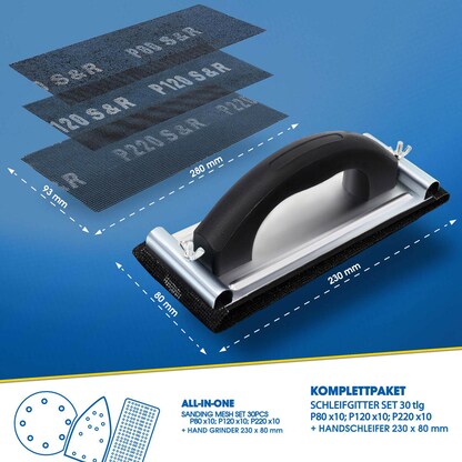 Artikelbild 7 für S&R Schleifblatt-Set 30x Schleifpapier (je 10 x P80 / P120 / P220) - 280 x 93mm, Handschleifblock: 240 x 80 mm, Artikelnummer 390429