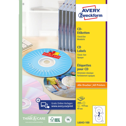 Artikelbild 3 für AVERY Zweckform CD-Etiketten L6043-100 weiß, 200 Etiketten , Artikelnummer 345397