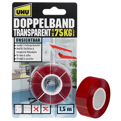 Artikelbild für UHU TRANSPARENT 75KG doppelseitiges Klebeband 19,0 mm x 1,5 m, 1 Rolle, Artikelnummer 212675