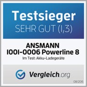 Prüfsiegel: Testsieger bei Vergleich.org im Bereich Akku-Ladegeräte, Note sehr gut (1,3), ANSMANN 1001-0006 Powerline 8, getestet August 2015.