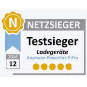 Auszeichnung von Netzsieger: Testsieger im Bereich Ladegeräte 2016, verliehen an Ansmann Powerline 5 Pro, mit 5 von 5 goldenen Bewertungspunkten.