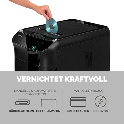 Artikelbild 11 für Fellowes AutoMax 550C Aktenvernichter mit Partikelschnitt P-4, 4 x 38 mm, bis 500 Blatt, schwarz, Artikelnummer 423893