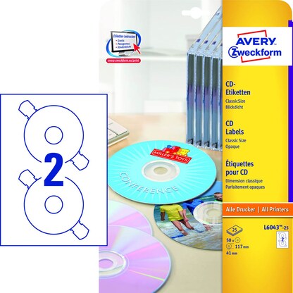 Artikelbild für AVERY Zweckform CD-Etiketten L6043-25 weiß, 50 Etiketten , Artikelnummer 601904