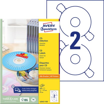 Artikelbild für AVERY Zweckform CD-Etiketten L6043-100 weiß, 200 Etiketten , Artikelnummer 345397