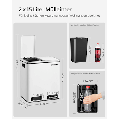 Artikelbild 3 für SONGMICS Mülltrenner 2x 15,0 l weiß, 1 St., Artikelnummer 290617
