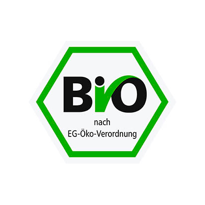 Sechseckiges deutsches Bio-Siegel mit grünem Rand und der Aufschrift „Bio nach EG-Öko-Verordnung“.