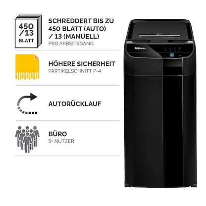 Artikelbild 16 für Fellowes AutoMax 450C Aktenvernichter mit Partikelschnitt P-4, 4 x 38 mm, bis 450 Blatt, schwarz, Artikelnummer 527808