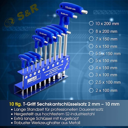 Artikelbild 3 für S&R Innensechskantschlüssel-Satz 365.535.010 2 x 100 mm, 2,5 x 100 mm, 3 x 100 mm, 4 x 150 mm, 5 x 150 mm, 5,5 x 150 mm, 6 x 150 mm, 7 x 150 mm, 8 x 200 mm, 10 x 200 mm, Artikelnummer 390399