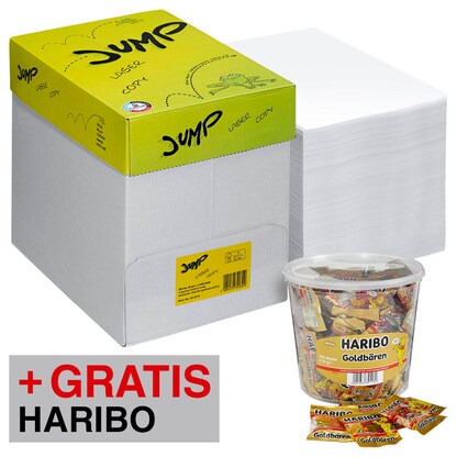 Artikelbild für AKTION: JUMP Kopierpapier COPY/LASER DIN A4 80 g/qm 2x 2.500 Blatt + GRATIS HARIBO Goldbären Minibeutel Fruchtgummi 100 St., Artikelnummer 139607