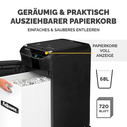 Artikelbild 10 für Fellowes AutoMax 450C Aktenvernichter mit Partikelschnitt P-4, 4 x 38 mm, bis 450 Blatt, schwarz, Artikelnummer 527808