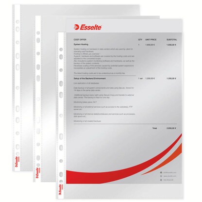 Artikelbild für Esselte Prospekthüllen Standard DIN A4 transparent glasklar 0,05 mm, 100 St., Artikelnummer 431738