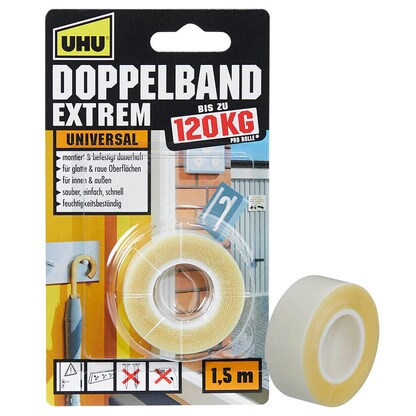 Artikelbild für UHU EXTREM UNIVERSAL 120KG doppelseitiges Klebeband 19,0 mm x 1,5 m, 1 Rolle, Artikelnummer 212668