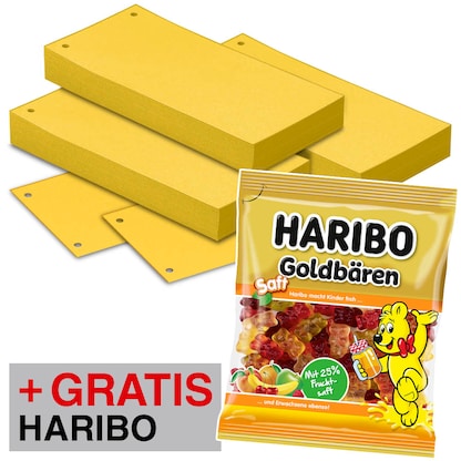 Artikelbild für AKTION: dots Trennstreifen gelb, 130 g/qm Karton 23,0 x 11,0 cm, 3x 100 St. + GRATIS HARIBO SAFT-GOLDBÄREN, 160 g, Artikelnummer 733480