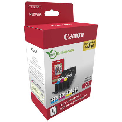 Artikelbild 2 für Canon CLI-551 XL C/M/Y/BK schwarz, cyan, magenta, gelb Druckerpatronen + Fotopapier, Artikelnummer 209076