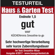 Auszeichnung von Haus & Garten Test für den Smoothie-Mixer WMF KÜCHENminis: Note 1,5 „gut“, lobt Verarbeitung und Zubereitung, erschienen 2017, Heft 4.