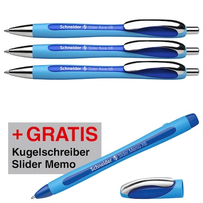 Artikelbild für AKTION: Schneider Kugelschreiber Slider Rave XB hellblau/dunkelblau, Schreibfarbe: blau, 3 St. + GRATIS Schneider Kugelschreiber Slider Memo XB, Artikelnummer 888592