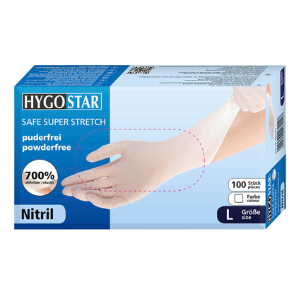 Artikelbild für HYGOSTAR unisex Einmalhandschuhe SAFE SUPER STRETCH weiß Größe L, 100 St., Artikelnummer 291082