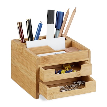 Artikelbild für relaxdays Schreibtisch-Organizer braun Bambus 2 Stifteboxen, 2 Schubfächer, 1 flaches Fach Fächer 12,5 x 15,0 x 9,5 cm, Artikelnummer 392607