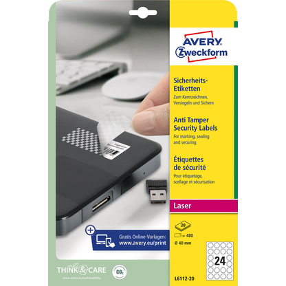 Artikelbild 2 für AVERY Zweckform Sicherheitsetiketten L6112-20 weiß 40,0 x 40,0 mm, 20 Blatt, Artikelnummer 896894
