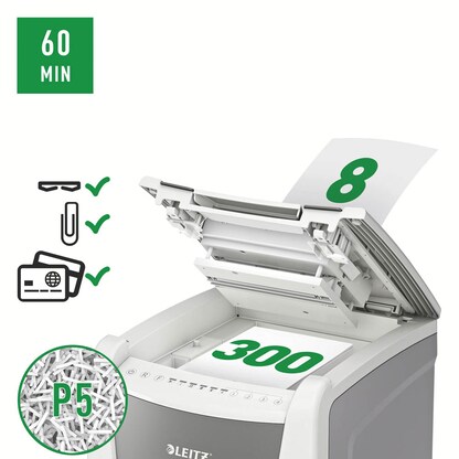 Artikelbild 16 für LEITZ IQ Autofeed Small Office 300 Aktenvernichter mit Partikelschnitt P-5, 2 x 15 mm, bis 300 Blatt, weiß, Artikelnummer 267332