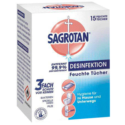 Artikelbild für SAGROTAN® Desinfektionstücher DESINFEKTION 1-lagig weiß, 15 Tücher, Artikelnummer 985424