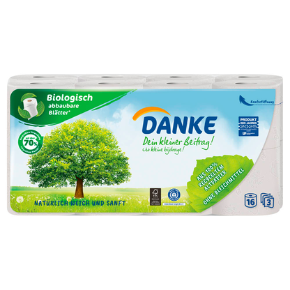 Artikelbild für DANKE Toilettenpapier 3-lagig Recyclingpapier, 16 Rollen, Artikelnummer 706877