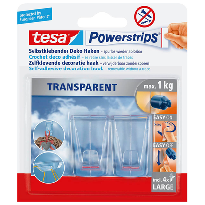 Artikelbild für tesa Powerstrips TRANSPARENT Klebehaken für max. 1,0 kg, 2,7 x 4,5 cm, 2 St., Artikelnummer 252181