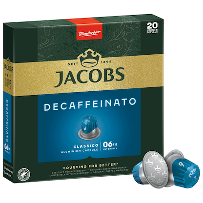 Artikelbild für JACOBS DECAFFEINATO Kaffeekapseln, Arabica- und Robustabohnen mild, 20 Stück, Artikelnummer 393237