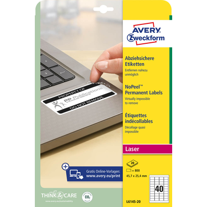 Artikelbild 2 für AVERY Zweckform abziehsichere Folienetiketten L6145-20 weiß 45,7 x 25,4 mm, 20 Blatt, Artikelnummer 896928