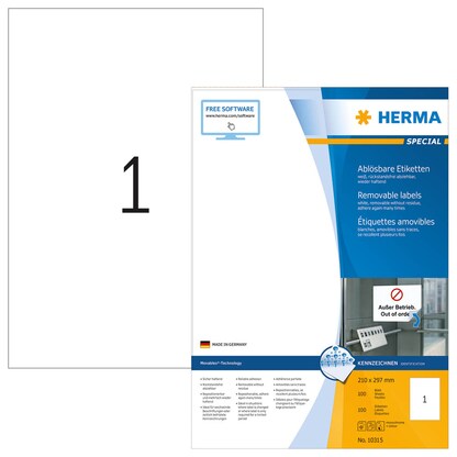 Artikelbild für HERMA Etiketten 10315 weiß 210,0 x 297,0 mm, 100 Blatt, Artikelnummer 898171