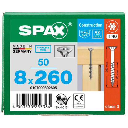 Artikelbild 8 für SPAX® Universalschrauben T40 Senkkopf Edelstahl A2 0197000802605 8 mm x 260 mm, 50 St., Artikelnummer 398327