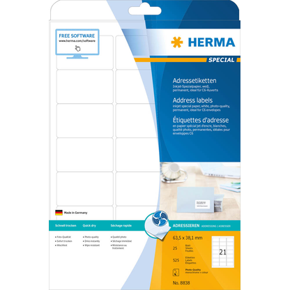 Artikelbild 2 für HERMA Adressetiketten 8838 weiß 63,5 x 38,1 mm, 25 Blatt, Artikelnummer 781498