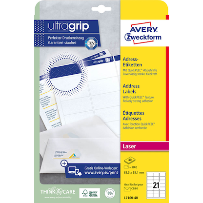 Artikelbild 10 für AVERY Zweckform Adressetiketten L7160-40 weiß 63,5 x 38,1 mm, 40 Blatt, Artikelnummer 479493